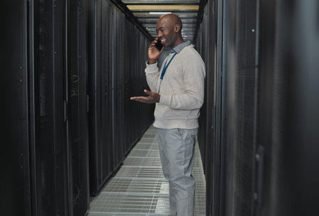 Server room, phone call and man for system update, technician power or cyber security backup...