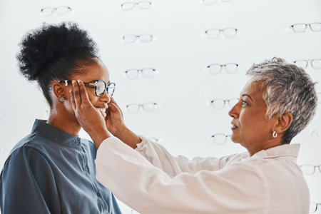 Optician, vision and black woman shopping for glasses in optometry store or shop for ophthalmology. Doctor, healthcare and female or senior medical ophthalmologist with eyewear or lenses for eye careの写真素材