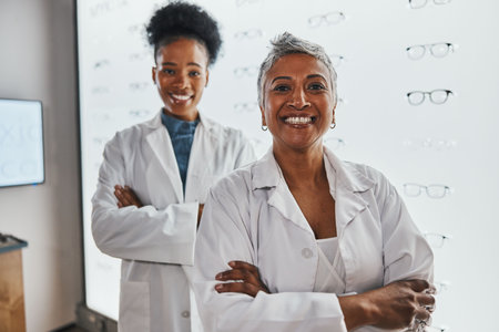 Portrait, optometrist teamwork and smile of women in shop or store for glasses, eyewear or eye care spectacles. Ophthalmology, vision and happy, proud or confident senior optician with black woman.の写真素材