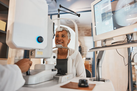 Machine, senior woman and test eyes in office, optometry and healthcare for vision, smile and...