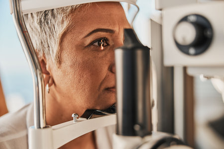 Medical, ophthalmology and eye test by patient senior woman with medical insurance using slit lamp. Mature, optometry and female doing vision or eyesight test in clinic using a machineの写真素材