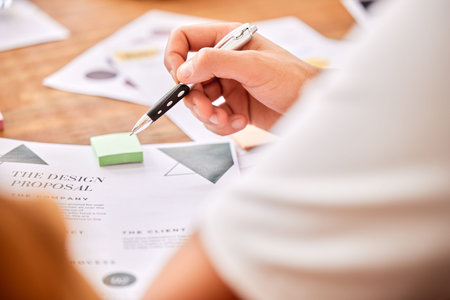 Planning, strategy and hands of an employee with a proposal for analysis, reading and information....
