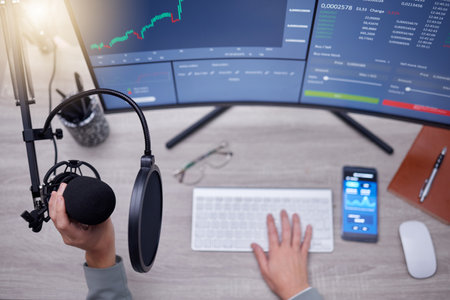 Microphone, person hands and podcast studio, computer screen and stock market news, radio or audio update. Mic, sound technology and reporter on pc monitor for broadcast, trading and statistics aboveの写真素材