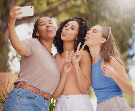 Selfie, girl friends and peace sign of students together with travel and freedom with diversity. Female, happiness and happy summer vacation taking a social media profile picture in park on holidayの写真素材
