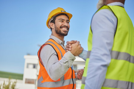 Engineer, men outdoor and greeting with handshake, partnership and success for new project....