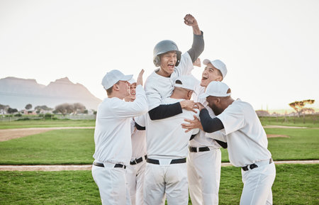 Baseball men, team celebrate and winning competition, game and sports goals, success and victory. Excited group of people or sport winner celebration, cheers and congratulations hug together on pitchの写真素材