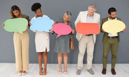 Feedback, question and mockup with business people and speech bubble for logo, social media and forum. Opinion, vote and branding with group and chat sign for voice, communication and message iconの写真素材