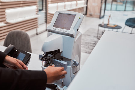 Optical lens machine, working optometrist and glasses construction of a healthcare worker. Vision assessment tools, wellness and medic employee planning a optometry project for medical workの写真素材