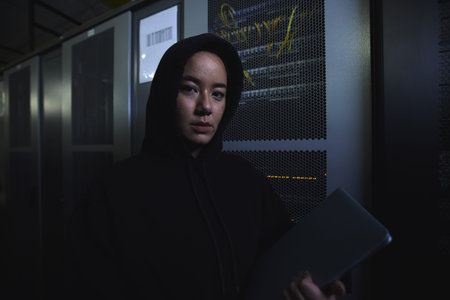 Server, hacker and database with portrait of woman for coding, software and cyber security....