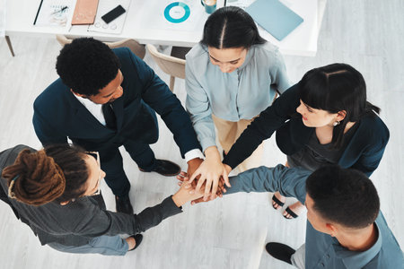 Diversity, stack of hands and business people in the office with success, teamwork and achievement....