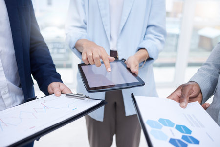 Business people, hands and tablet mockup in analytics, digital marketing or corporate data...
