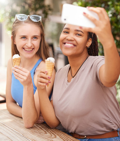 Friends, ice cream and selfie outdoor with travel, happy with dessert and spending time together on...