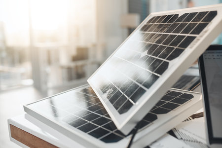 Solar panel, office and design on desk for renewable energy, electricity tech or engineering innovation. Photovoltaic, eco friendly or sustainability for construction, goal or electric infrastructureの写真素材