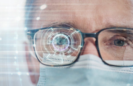 Man, face and biometric glasses eye scanner for, cyber security or optic identity with mask in...