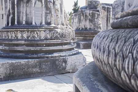 Closeup of architecture pillars in the Temple of Apollo in Didyma, Turkey in the day. Zoomed in and...