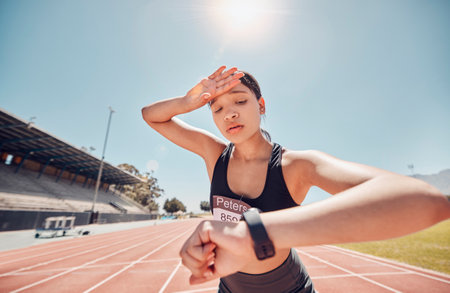 Woman, tired or smart watch check on running track fitness, workout or training for sprint marathon, training challenge or race event. Stress, sweating or exhausted sports runner with speed time techの写真素材
