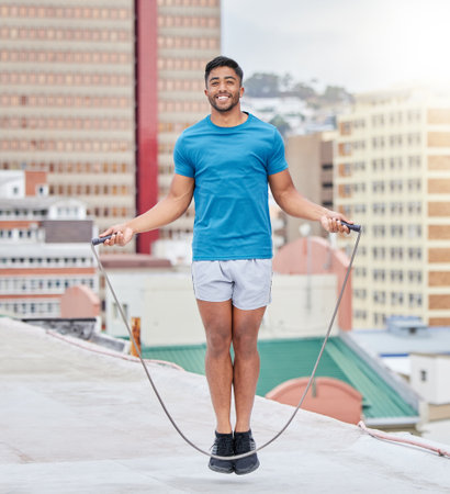 Jump rope, fitness and portrait of a man on a rooftop, sports training and cardio in the urban city. Energy, jumping and athlete skipping for wellness, workout and strong body with happinessの写真素材