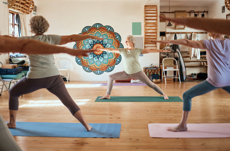 Senior women, meditation and yoga class in a fitness studio while training a group of calm, relaxed and focused ladies. Stretching, mindful exercises and peaceful and healthy lifestyle or stretchingの写真素材