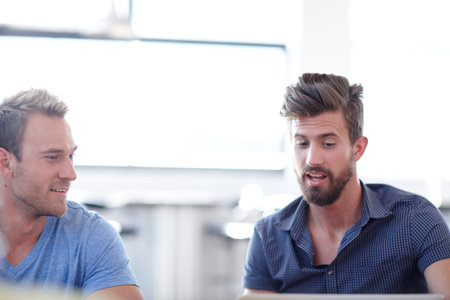 Talking over the details. two male colleagues discussing work in the office.