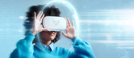 Woman, VR and technology in future metaverse, game or internet connection in the cyberspace. Female...