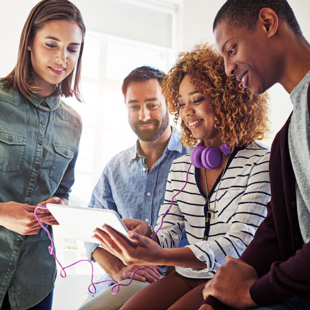 Tablet, internet video and business people in office streaming online, on website and social media....