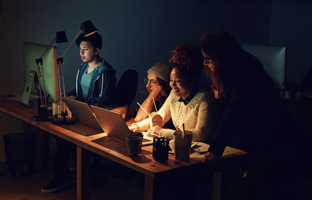 Coworking office, computer reading and team review web design, cloud computing software or app UI system. Website SEO teamwork, media analytics dashboard and face of night people work on UX interfaceの写真素材