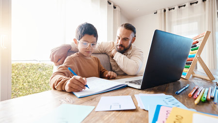 Learning, math education and father with kid in home with book for studying, homework or homeschool....