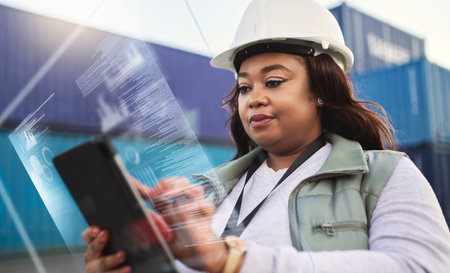 Supply chain, tablet and futuristic with a black woman logistics worker busy on a ux dashboard for...
