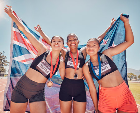 Athlete, champion and winning group of women holding new Zealand flag and medal after competition, marathon and running at stadium. Portrait of diversity female runners happy about win or achievementの写真素材
