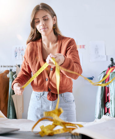 Fashion, clothes designer and woman ready for fabric measuring for creative sewing project. Startup...