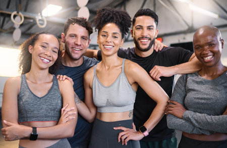 Team, workout group, fitness or people in a happy portrait for good training exercise or gym class session. Diverse sports friends, man and woman face together for health, wellness and body strengthの写真素材