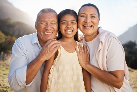 Happy, portrait and grandparents with girl in nature for family, relax or support. Embrace, bonding...