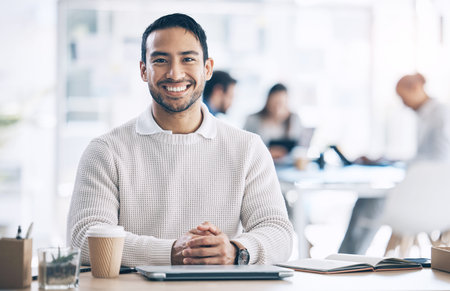 Smile, marketing and businessman happy in a coworking office at a corporate agency. Ready, excited...