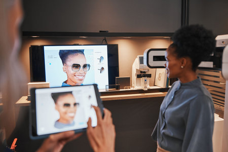 Optometry, frames and black woman trying glasses for eye care, vision and choice of sunglasses....