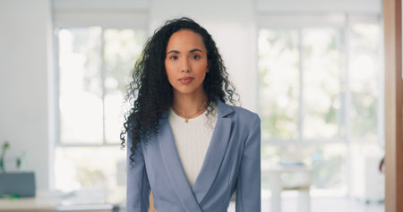 Business woman and face with stop hand for assertive and serious gesture for rejection at workplace....