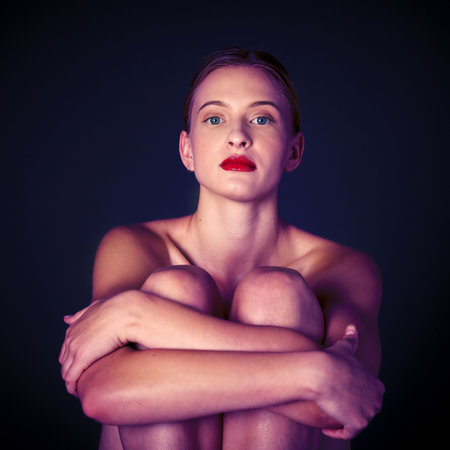 Portrait, body and woman with skincare, art and confident girl on dark studio background. Face, female and lady with wellness, health and fitness on backdrop, grooming and smooth and cosmeticsの写真素材