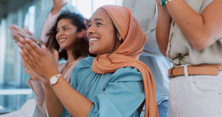 Business people, applause and smile for seminar, meeting or corporate team training at the...