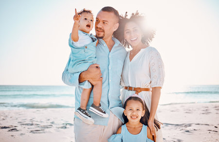 Happy portrait, beach sunshine and family bond, relax or enjoy quality time together for vacation,...