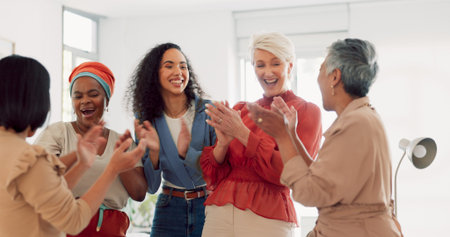Business team, celebration and woman high five of office team success with motivation. Small...
