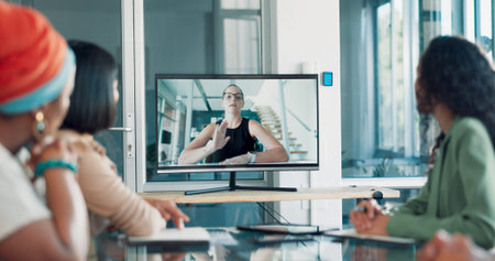 Discussion, team and video conference with screen and business people, online with business meeting...