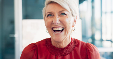 Face, laugh or humor and a senior business woman at work in her office with a carefree or positive...