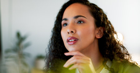 Business woman, face or thinking on computer in digital marketing office, web design studio or advertising branding startup. Closeup, mature ceo or manager on technology for website innovation or ideasの写真素材