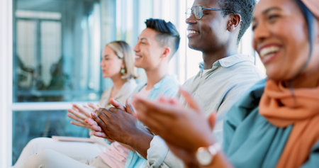Applause, business people and crowd in conference, workshop and motivation in convention room. Happy workers clapping hands, and seminar of success, goals and team inspiration in presentation meetingの写真素材