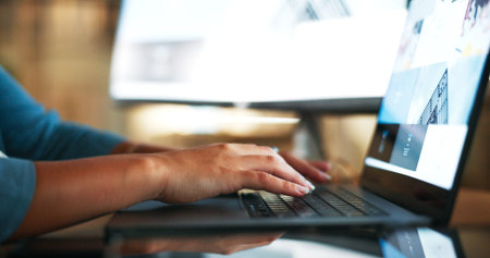Research, laptop and hands of business woman and typing for planning, web design and advertising...