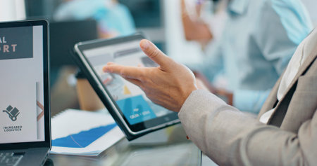 Businessman, hands and tablet in digital marketing for corporate planning, strategy or web design at...