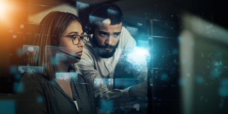 Creative business people, collaboration and planning for digital marketing, hologram or future...