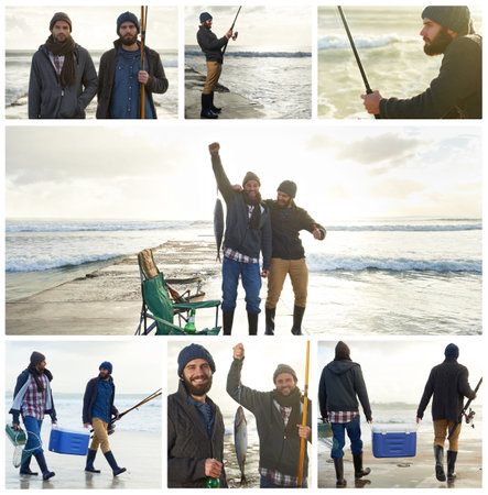 They love going fishing together. Composite image of two men enjoying a day fishing at the ocean.の写真素材