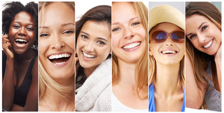 The beauty of laughter. Composite shot of a group of beautiful young woman.の写真素材