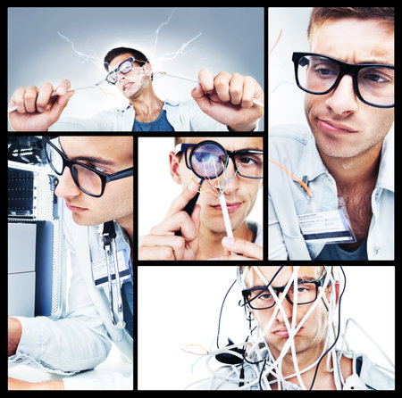 Hes got the power. Composite shot of a nerdy technician trying to repair wires.の写真素材
