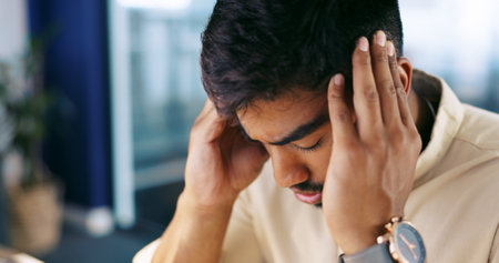 Headache pain, stress anxiety and man with migraine problem, workout burnout and depressed over job mistake. Medical healthcare crisis, mental health depression and businessman sad over career failの写真素材